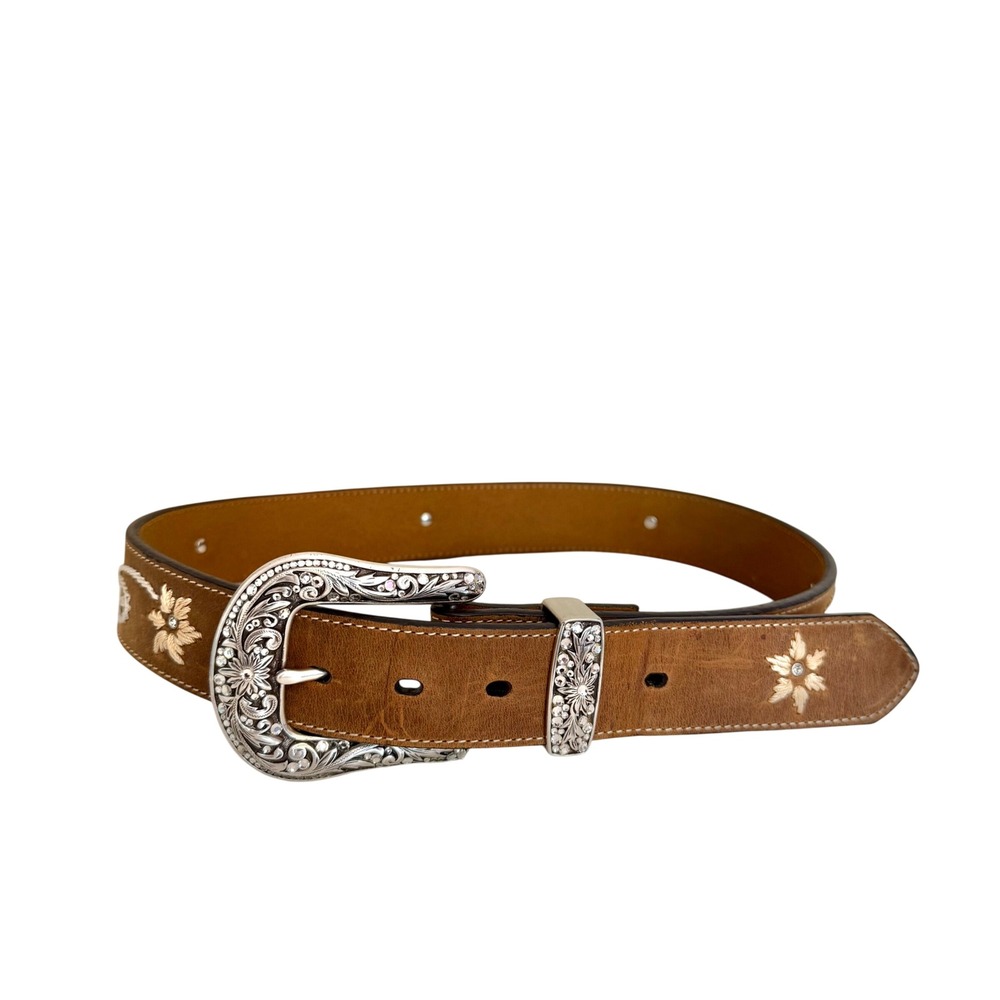 Nocona Belt Co Womens Brown Leather Floral Embroidered Rhinestone Belt